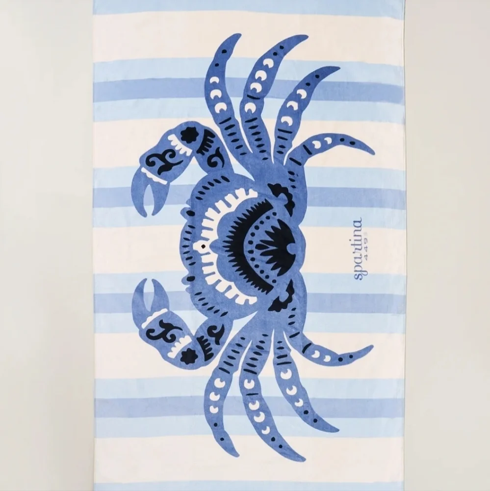 Spartina 449 Plush Velour Blue Crab Oversized Beach Towel NEW